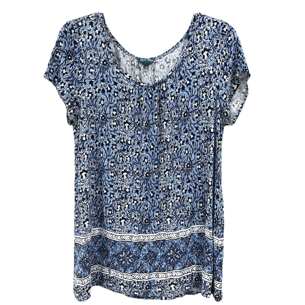 Fleur Bleue Short Cap Sleeve Bohemian Peasant Neck Floral Knit Top Blue Sz Large
